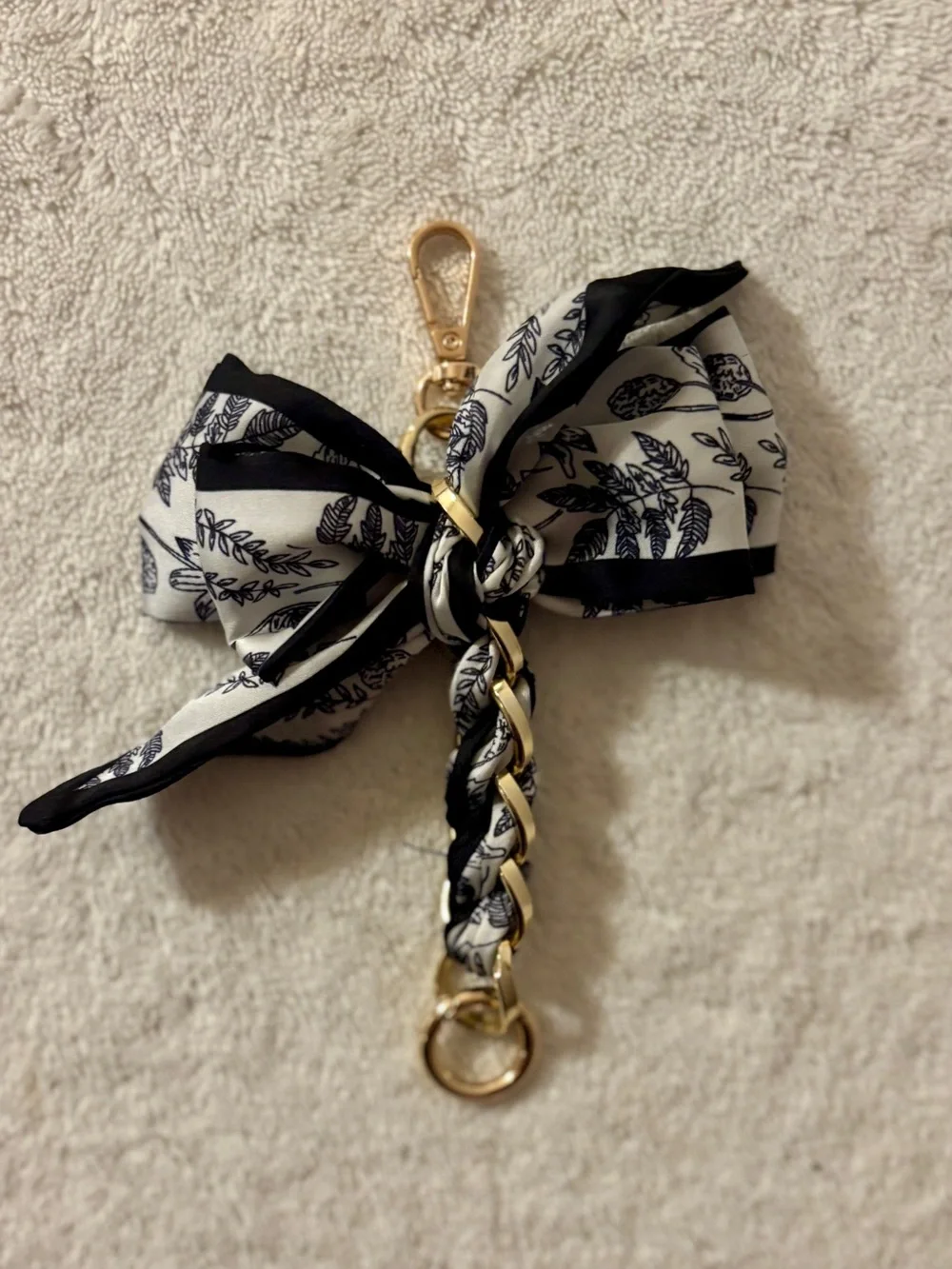Purse or Bag Handle Extender or Charm - Black & White Bow Scarf with Gold Chain
